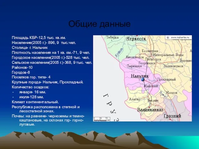 Общие данные Площадь КБР-12,5 тыс. кв.км. Население(2005 г.)- 896, 9 тыс.чел. Столица-