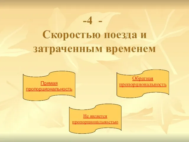 4 - Скоростью поезда и затраченным временем Прямая пропорциональность Обратная пропорциональность Не