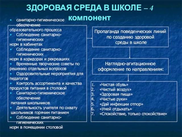 ЗДОРОВАЯ СРЕДА В ШКОЛЕ – 4 компонент санитарно-гигиеническое обеспечение образовательного процесса Соблюдение