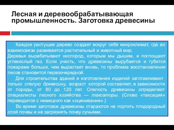 Лесная и деревообрабатывающая промышленность. Заготовка древесины Каждое растущее дерево создает вокруг себя