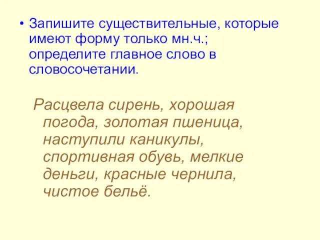 Запишите существительные, которые имеют форму только мн.ч.; определите главное слово в словосочетании.