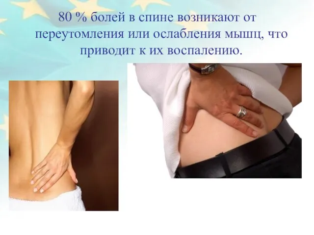 80 % болей в спине возникают от переутомления или ослабления мышц, что приводит к их воспалению.