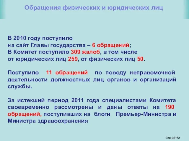 Слайд В 2010 году поступило на сайт Главы государства – 6 обращений;