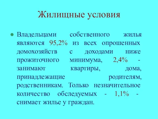 Жилищные условия Владельцами собственного жилья являются 95,2% из всех опрошенных домохозяйств с