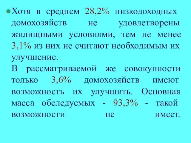 Хотя в среднем 28,2% низкодоходных домохозяйств не удовлетворены жилищными условиями, тем не