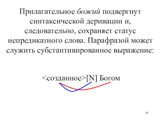 [N] Богом Прилагательное божий подвергнут синтаксической деривации и, следовательно, сохраняет статус непредикатного