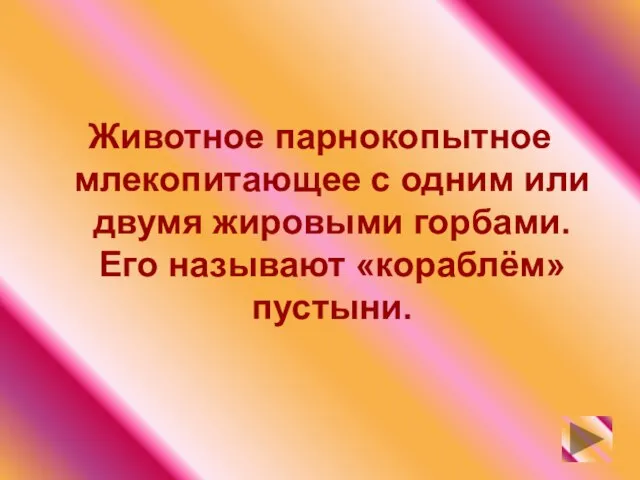 Животное парнокопытное млекопитающее с одним или двумя жировыми горбами. Его называют «кораблём» пустыни.