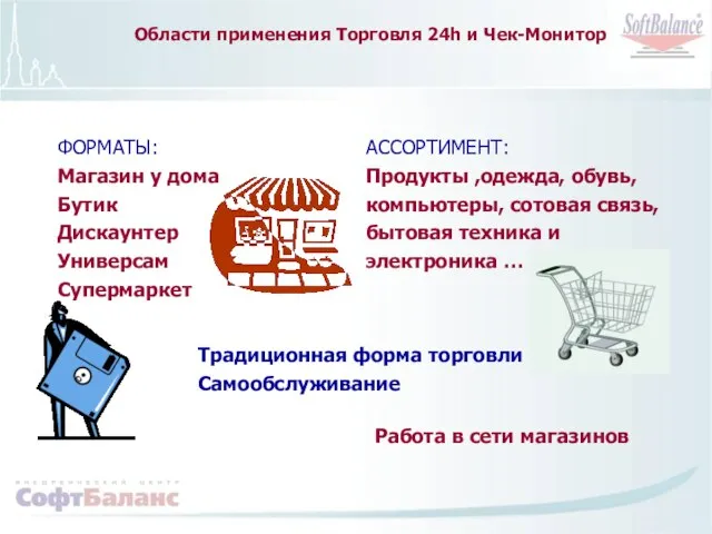 Традиционная форма торговли Самообслуживание Работа в сети магазинов Области применения Торговля 24h и Чек-Монитор