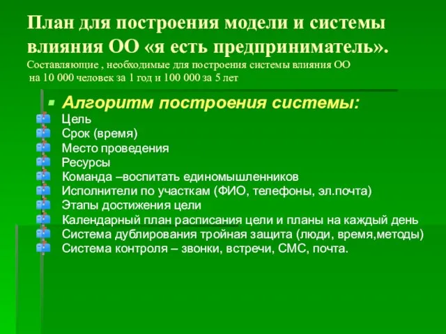 План для построения модели и системы влияния ОО «я есть предприниматель». Составляющие