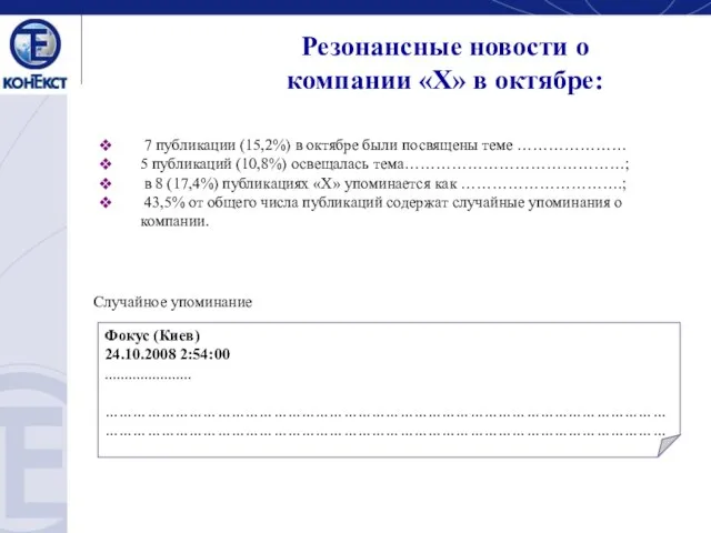 Резонансные новости о компании «Х» в октябре: 7 публикации (15,2%) в октябре