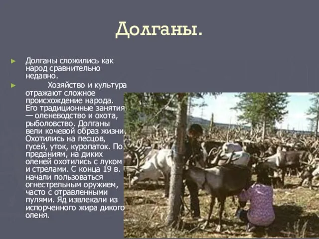 Долганы. Долганы сложились как народ сравнительно недавно. Хозяйство и культура отражают сложное