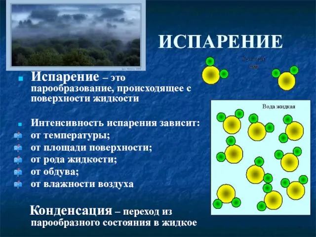 ИСПАРЕНИЕ Испарение – это парообразование, происходящее с поверхности жидкости Интенсивность испарения зависит: