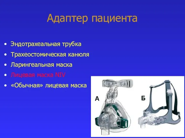 Адаптер пациента Эндотрахеальная трубка Трахеостомическая канюля Ларингеальная маска Лицевая маска NIV «Обычная» лицевая маска