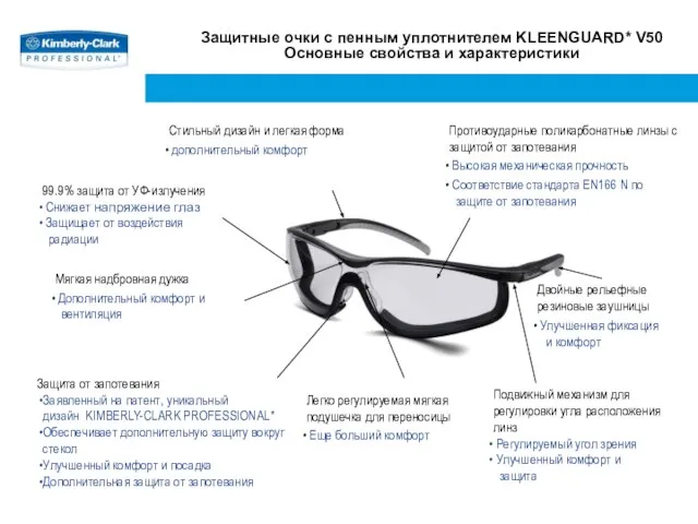 Защитные очки с пенным уплотнителем KLEENGUARD* V50 Основные свойства и характеристики Подвижный