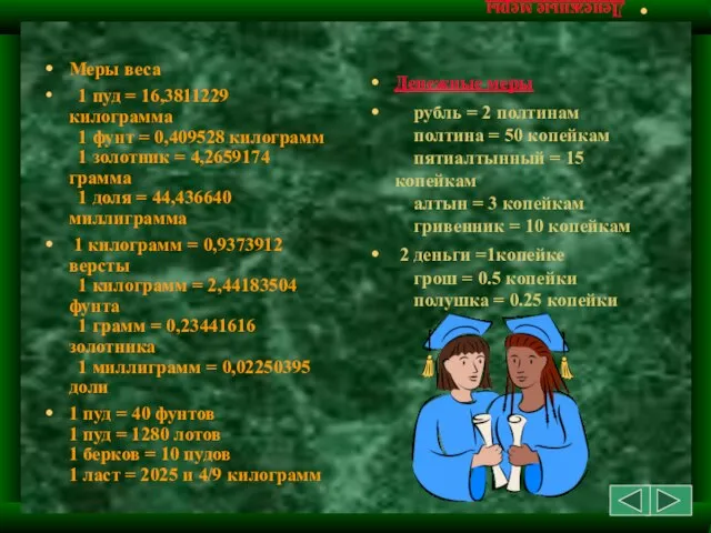 Денежные меры рубль = 2 полтинам полтина = 50 копейкам пятиалтынный =