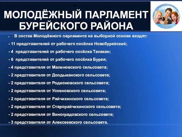 В состав Молодёжного парламента на выборной основе входят: - 11 представителей от