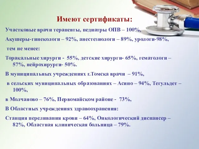 Имеют сертификаты: Участковые врачи терапевты, педиатры ОПВ – 100%, Акушеры-гинекологи – 92%,