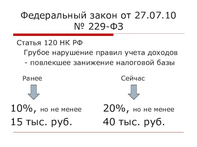 Федеральный закон от 27.07.10 № 229-ФЗ Статья 120 НК РФ Грубое нарушение