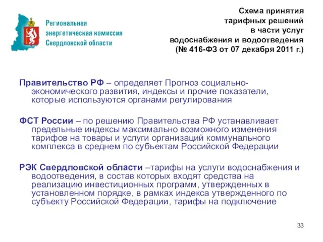 Схема принятия тарифных решений в части услуг водоснабжения и водоотведения (№ 416-ФЗ