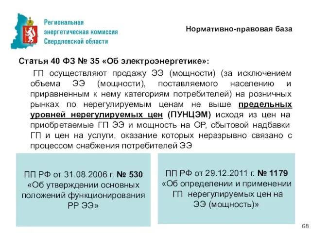 Нормативно-правовая база Статья 40 ФЗ № 35 «Об электроэнергетике»: ГП осуществляют продажу