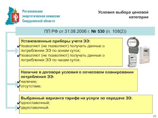 Условия выбора ценовой категории Установленные приборы учета ЭЭ: позволяют (не позволяют) получать