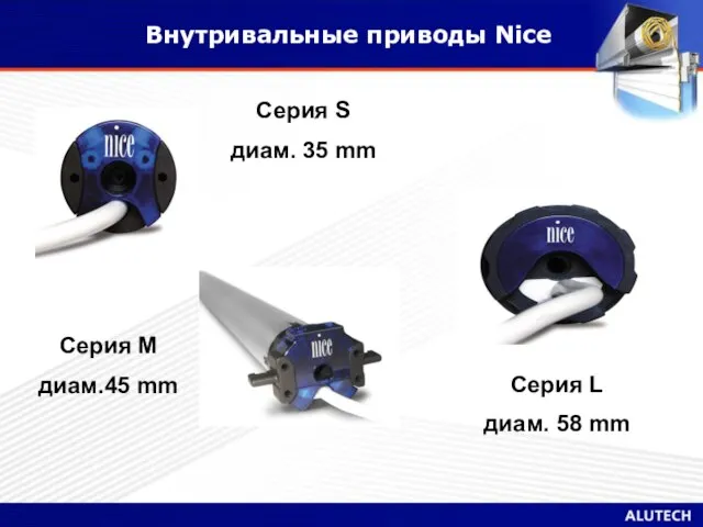 Внутривальные приводы Nice Серия S диам. 35 mm Серия M диам.45 mm