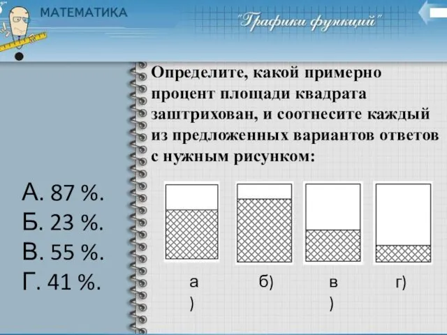 Определите, какой примерно процент площади квадрата заштрихован, и соотнесите каждый из предложенных