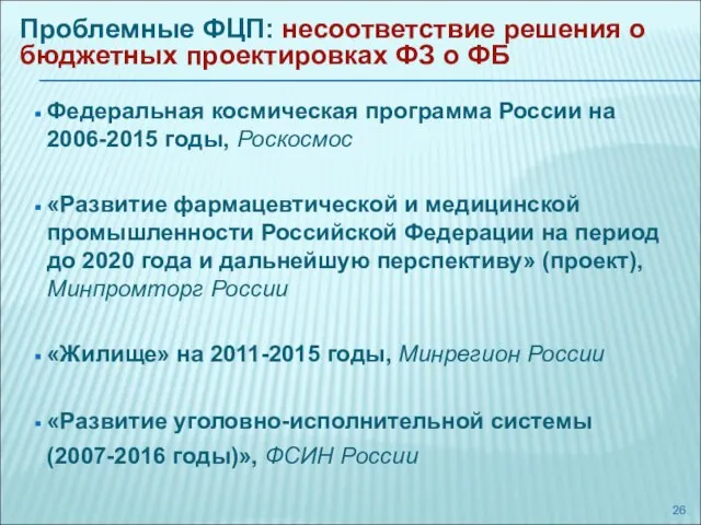 Проблемные ФЦП: несоответствие решения о бюджетных проектировках ФЗ о ФБ Федеральная космическая