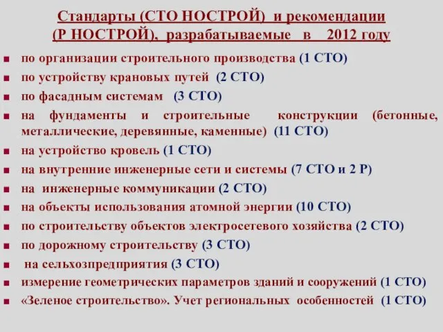 Стандарты (СТО НОСТРОЙ) и рекомендации (Р НОСТРОЙ), разрабатываемые в 2012 году по