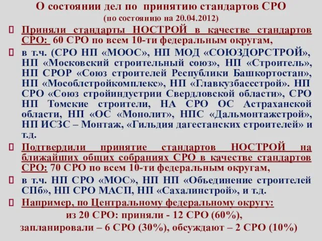 О состоянии дел по принятию стандартов СРО (по состоянию на 20.04.2012) Приняли