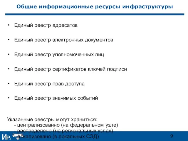 Общие информационные ресурсы инфраструктуры Единый реестр адресатов Единый реестр электронных документов Единый