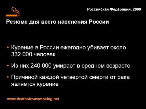 Резюме для всего населения России Курение в России ежегодно убивает около 332