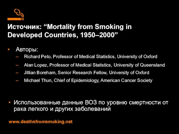 Источник: “Mortality from Smoking in Developed Countries, 1950–2000” Использованные данные ВОЗ по