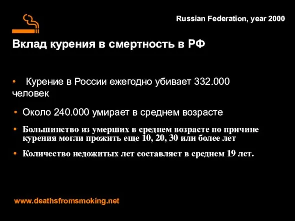 Вклад курения в смертность в РФ Около 240.000 умирает в среднем возрасте