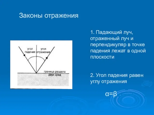 1. Падающий луч, отраженный луч и перпендикуляр в точке падения лежат в