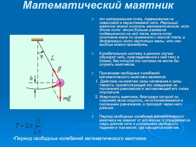 Математический маятник это материальная точка, подвешенная на невесомой и нерастяжимой нити. Реальный