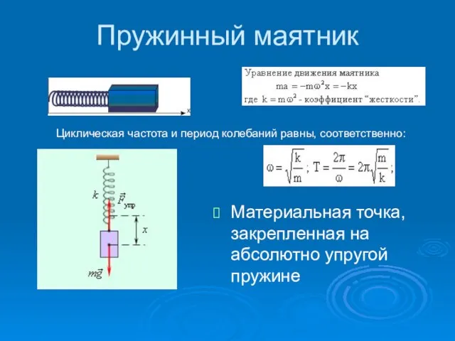 Пружинный маятник Материальная точка, закрепленная на абсолютно упругой пружине Циклическая частота и период колебаний равны, соответственно: