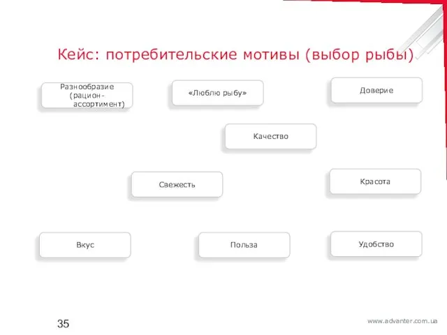 Кейс: потребительские мотивы (выбор рыбы) Разнообразие (рацион-ассортимент) Вкус Свежесть Качество Доверие Польза Удобство Красота «Люблю рыбу»