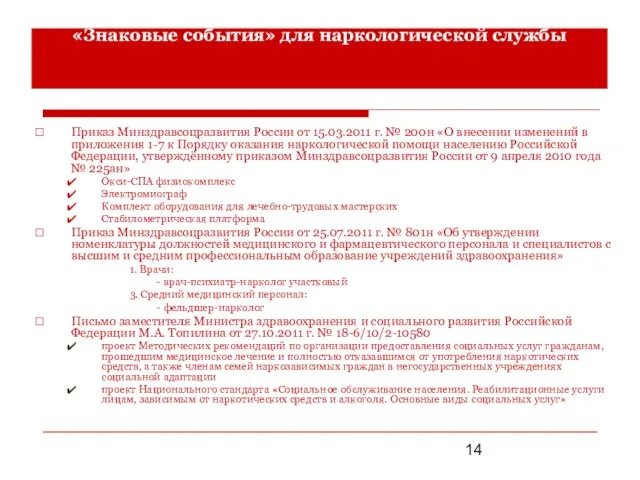 «Знаковые события» для наркологической службы Приказ Минздравсоцразвития России от 15.03.2011 г. №