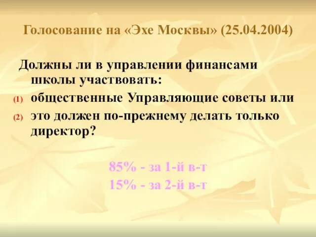 Голосование на «Эхе Москвы» (25.04.2004) Должны ли в управлении финансами школы участвовать: