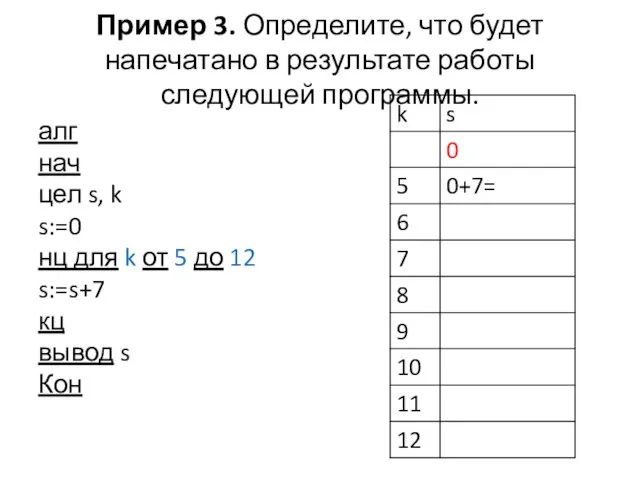 Пример 3. Определите, что будет напечатано в результате работы следующей программы. алг