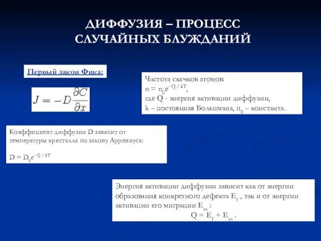 ДИФФУЗИЯ – ПРОЦЕСС СЛУЧАЙНЫХ БЛУЖДАНИЙ Первый закон Фика: Частота скачков атомов: n