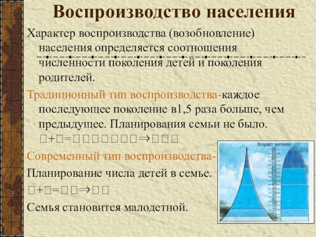 Воспроизводство населения Характер воспроизводства (возобновление) населения определяется соотношения численности поколения детей и