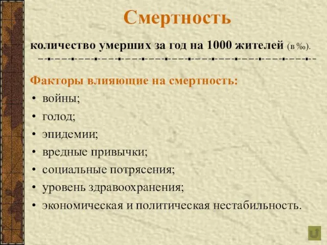 Смертность количество умерших за год на 1000 жителей (в ‰). Факторы влияющие