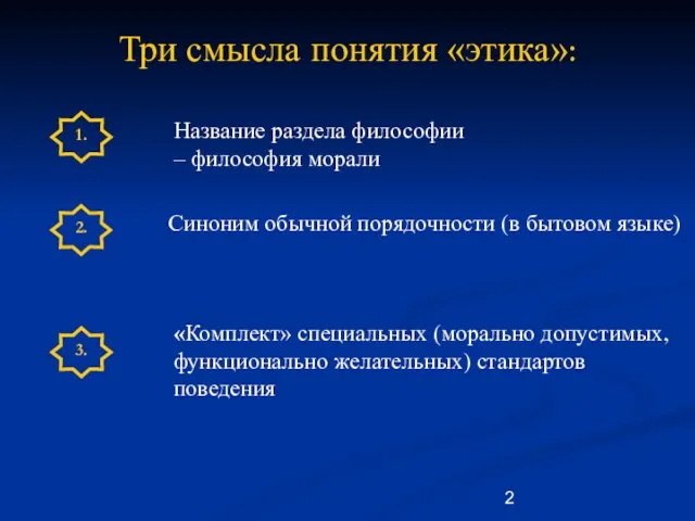 Три смысла понятия «этика»: Название раздела философии – философия морали Синоним обычной