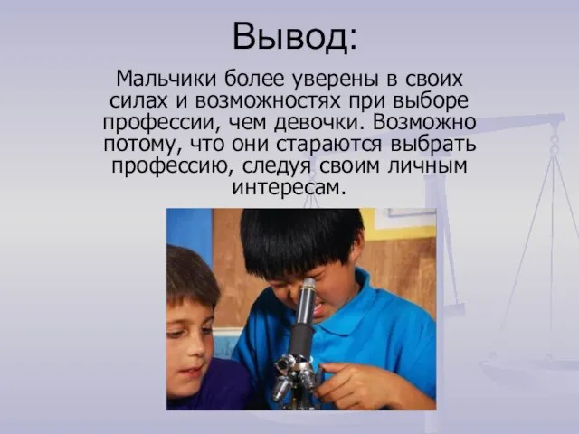 Вывод: Мальчики более уверены в своих силах и возможностях при выборе профессии,