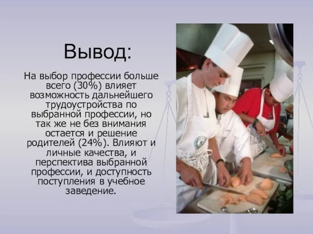 Вывод: На выбор профессии больше всего (30%) влияет возможность дальнейшего трудоустройства по