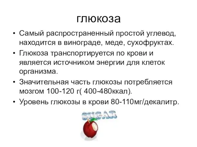 глюкоза Самый распространенный простой углевод, находится в винограде, меде, сухофруктах. Глюкоза транспортируется