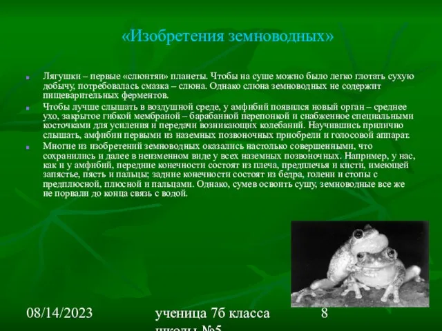 08/14/2023 ученица 7б класса школы №5 Вишневецкая Валерия «Изобретения земноводных» Лягушки –