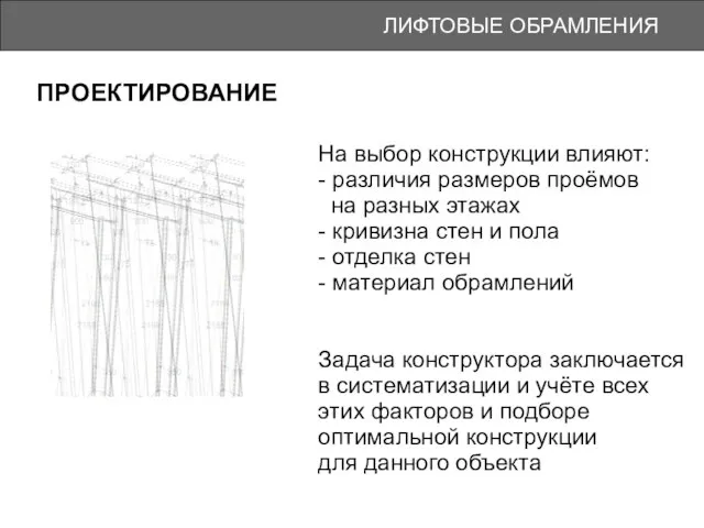 ЛИФТОВЫЕ ОБРАМЛЕНИЯ ПРОЕКТИРОВАНИЕ На выбор конструкции влияют: - различия размеров проёмов на